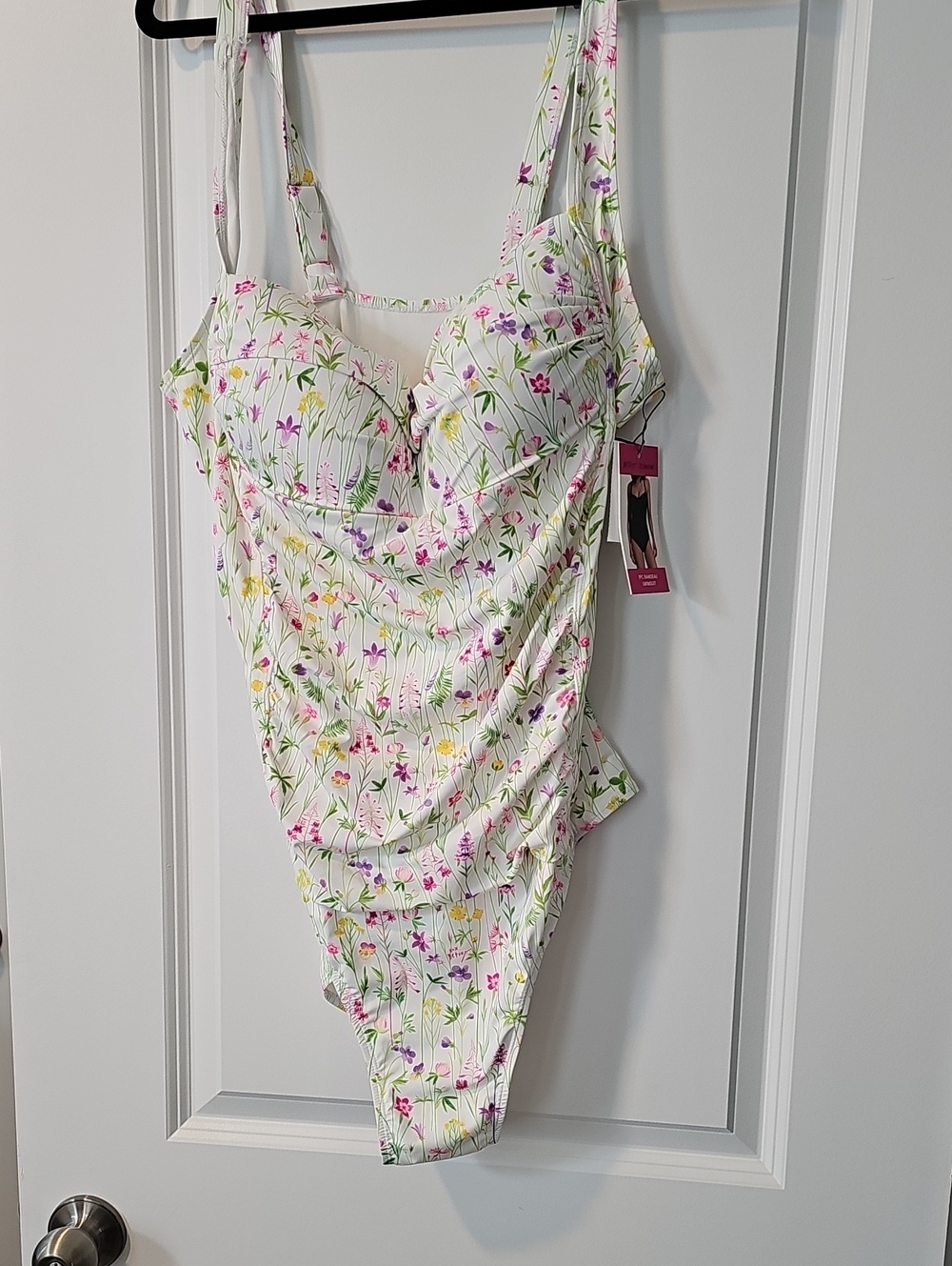 Betsey Johnson White Floral Ruched Bandeau Swimsuit with Pink & Green Print